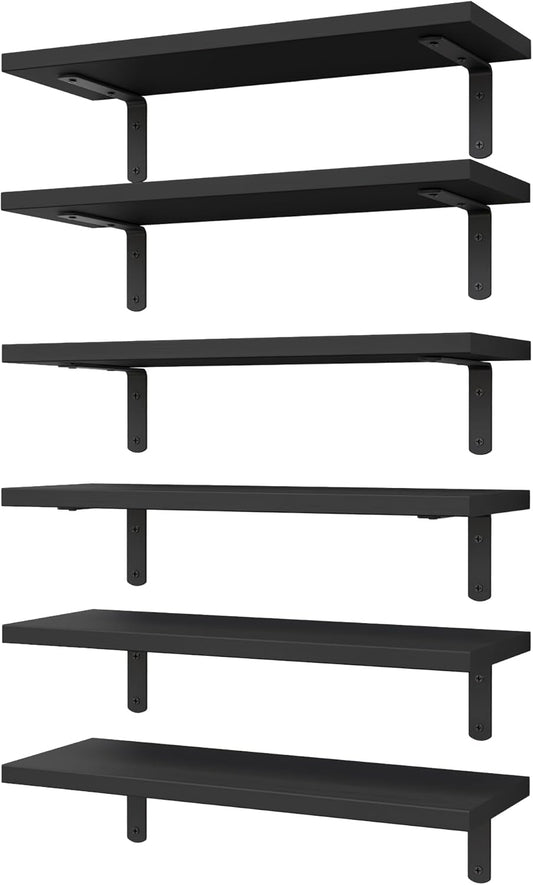 WOPITUES Wood Floating Shelves Set of 6, Shelves for Wall Decor, Farmhouse Shelf for Bedroom, Bathroom Storage Shelves, Book Shelves for Living Room-Black